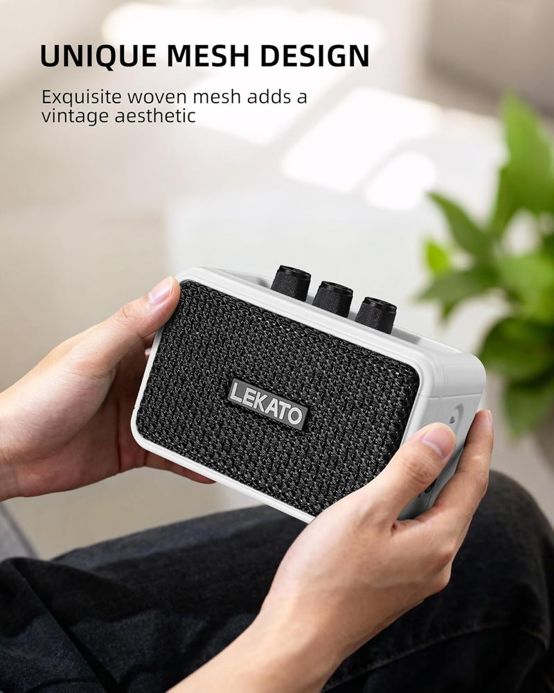 LEKATO Mini Guitar Amplifier AG-04, Dual Speakers 5W, Rechargeable Electric Guitar Amp Bluetooth with Clean Overdrive, 6H Working, Headphone Jack, Wireless Portable Small Amp for Practice (White) - Image 5
